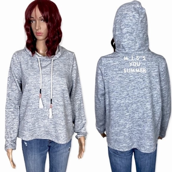 Lou & Grey Miss You Summer Pullover Hoodie Womens Small Gray Tassels Printed - Picture 2 of 10